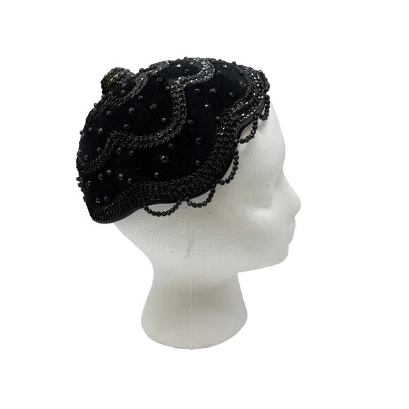 VTG Edith Hats Sara Baer Cloche Hat Black Velvet Rhinestone Sequin Embellished - Picture 1 of 8
